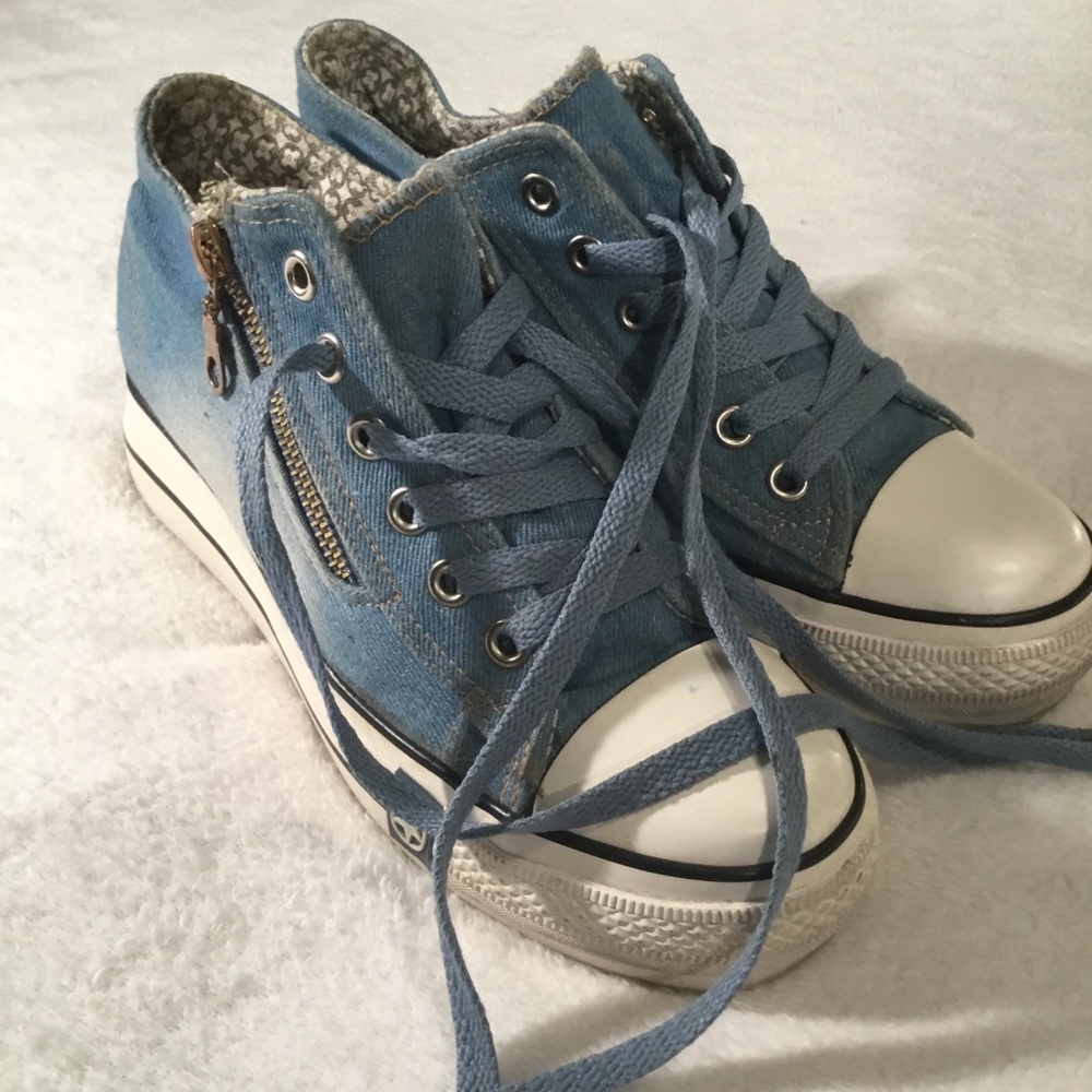 Mengsai Denim Platform Sneakers with Side Zipper